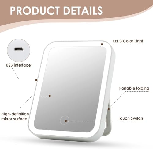 Rechargeable Makeup Mirror with Lights, 3 Color LED Dimmable Touch Light Desk Vanity Mirrors, Compact Portable Travel Cosmetic Essential as Gifts for Girl Teen Women (White)|B0FCCB3NJR