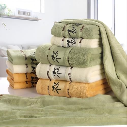 Bamboo Towel Set, 3 Pack, Orange Cream Green, Decorative Bamboo Leaf Design, Bath Towels|B0GPKLBM25