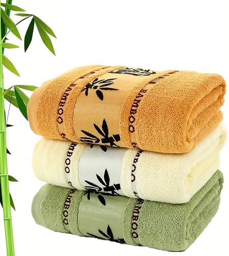 Bamboo Towel Set, 3 Pack, Orange Cream Green, Decorative Bamboo Leaf Design, Bath Towels|B0GPKLBM25