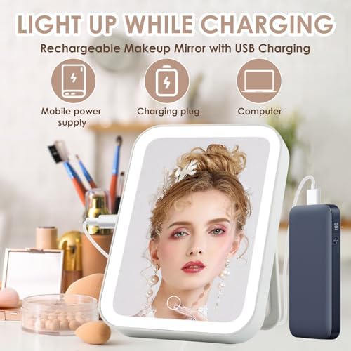 Rechargeable Makeup Mirror with Lights, 3 Color LED Dimmable Touch Light Desk Vanity Mirrors, Compact Portable Travel Cosmetic Essential as Gifts for Girl Teen Women (White)|B0FCCB3NJR