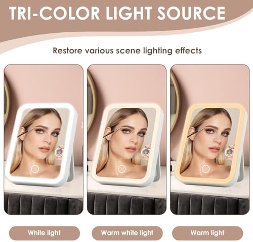 Rechargeable Makeup Mirror with Lights, 3 Color LED Dimmable Touch Light Desk Vanity Mirrors, Compact Portable Travel Cosmetic Essential as Gifts for Girl Teen Women (White)|B0FCCB3NJR