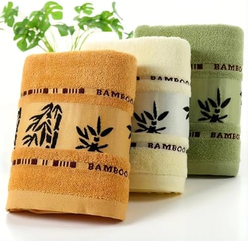Bamboo Towel Set, 3 Pack, Orange Cream Green, Decorative Bamboo Leaf Design, Bath Towels|B0GPKLBM25