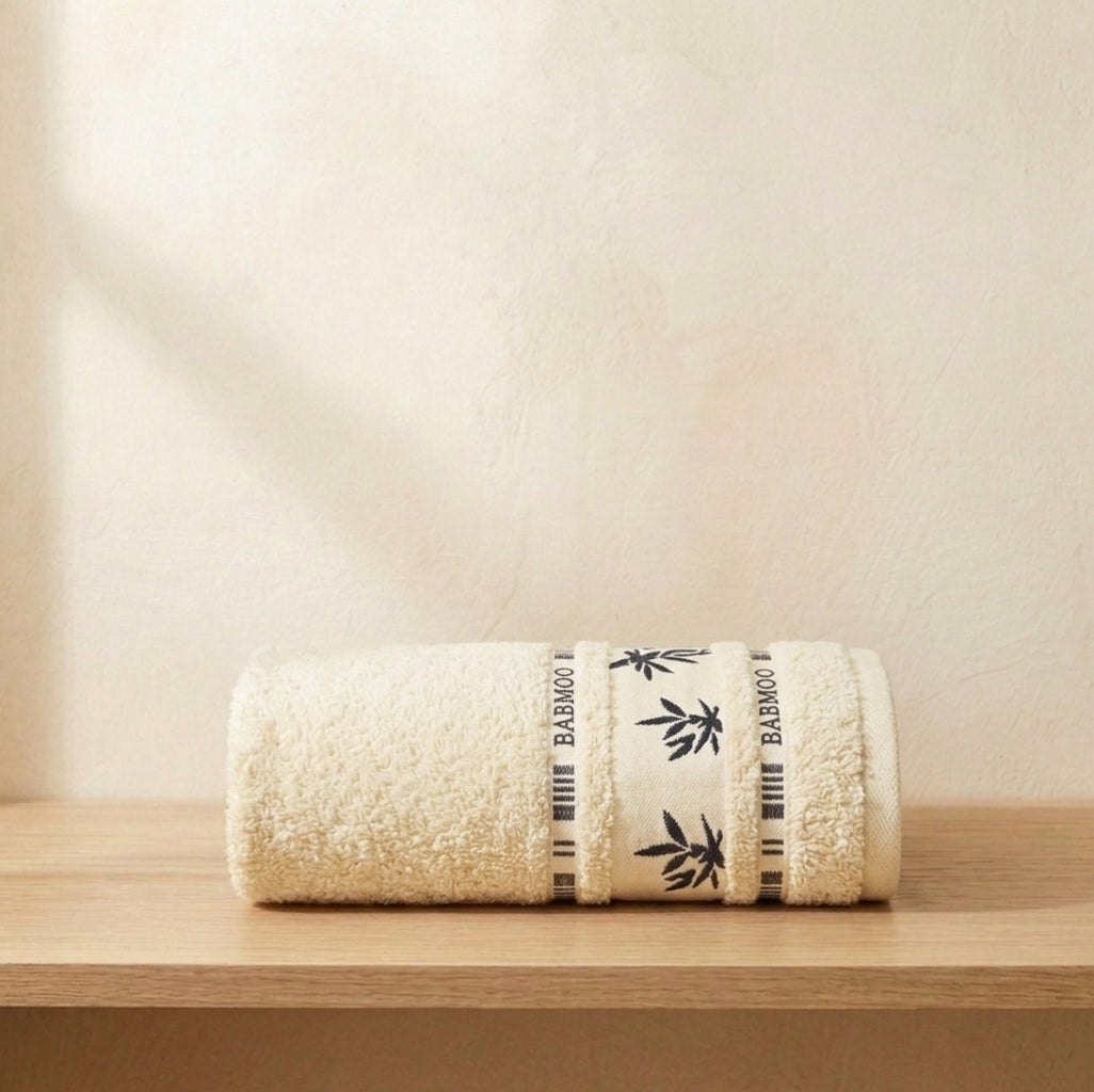 Cream Bamboo Towel, Decorative Bamboo Leaf Design, Bath Towels