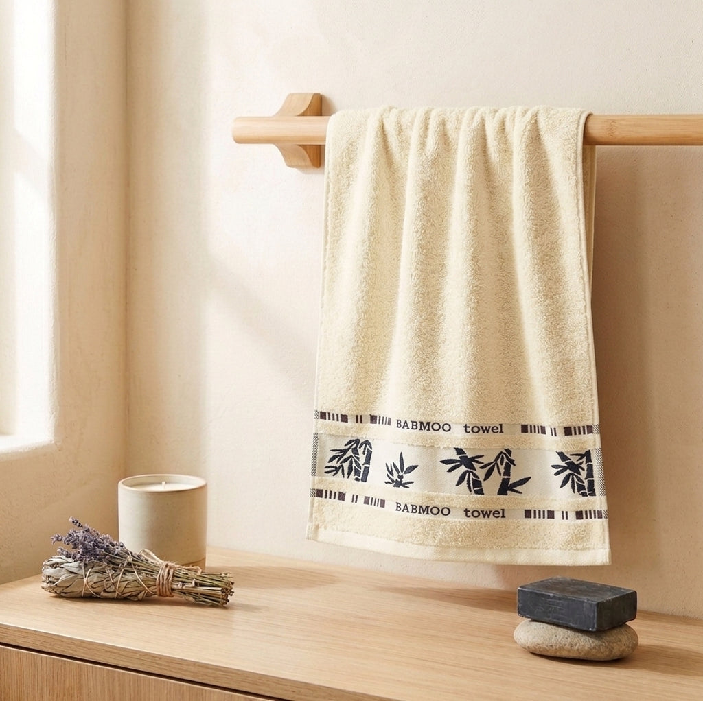 Cream Bamboo Towel, Decorative Bamboo Leaf Design, Bath Towels