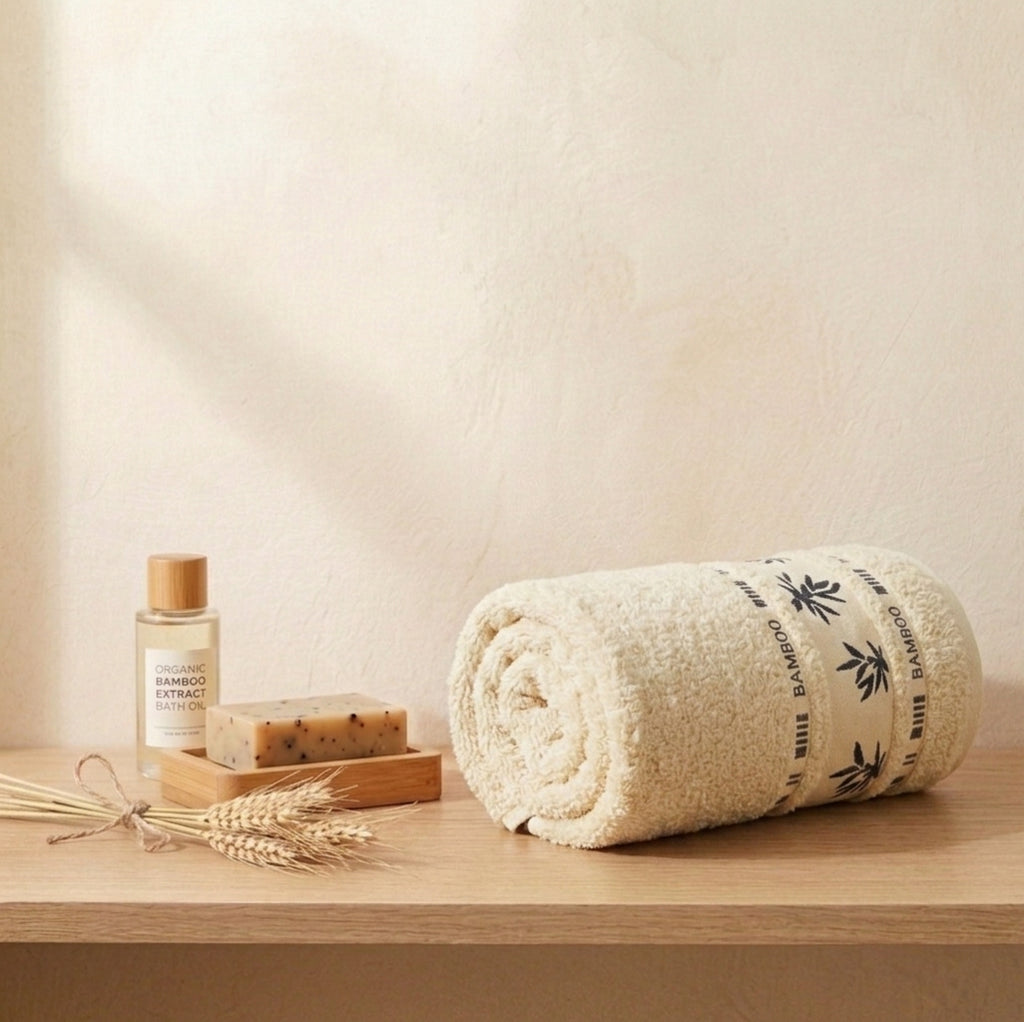 Cream Bamboo Towel, Decorative Bamboo Leaf Design, Bath Towels