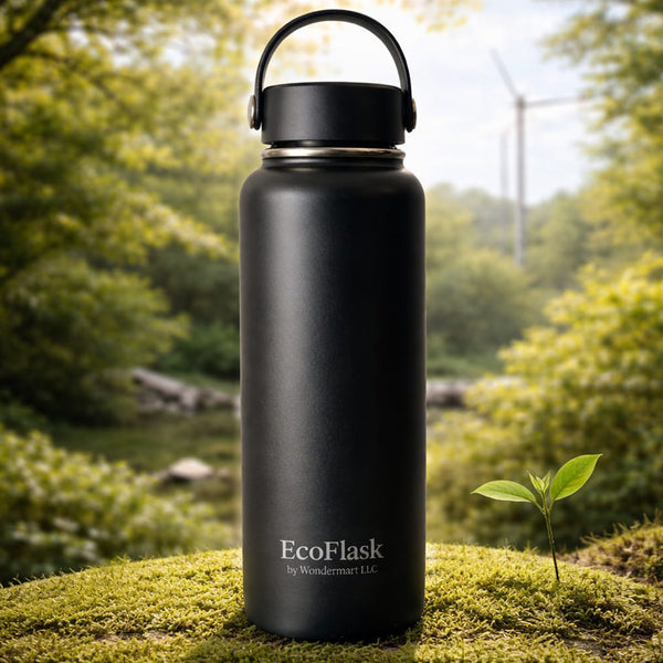 EcoFlask Stainless Steel Insulated Water Bottle with Carry Handle, Wide Mouth, Double Wall Vacuum Insulated, Black