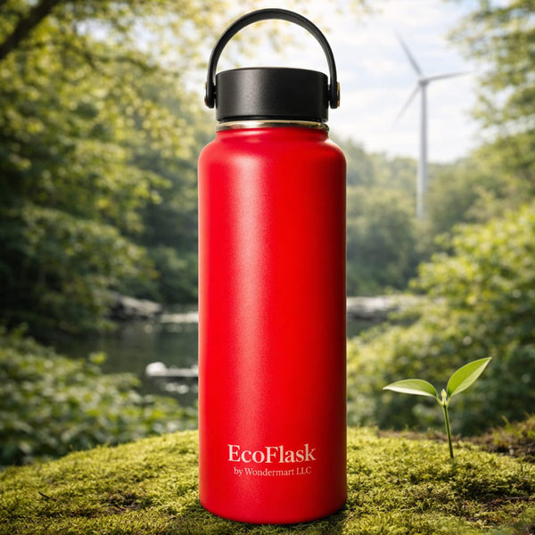 EcoFlask Stainless Steel Insulated Water Bottle with Carry Handle, Wide Mouth, Double Wall Vacuum Insulated, Red