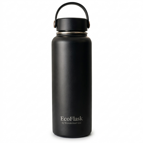 EcoFlask Stainless Steel Insulated Water Bottle with Carry Handle, Wide Mouth, Double Wall Vacuum Insulated, Black