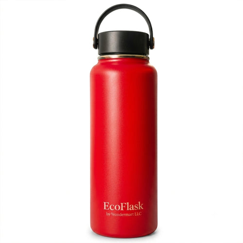 EcoFlask Stainless Steel Insulated Water Bottle with Carry Handle, Wide Mouth, Double Wall Vacuum Insulated, Red