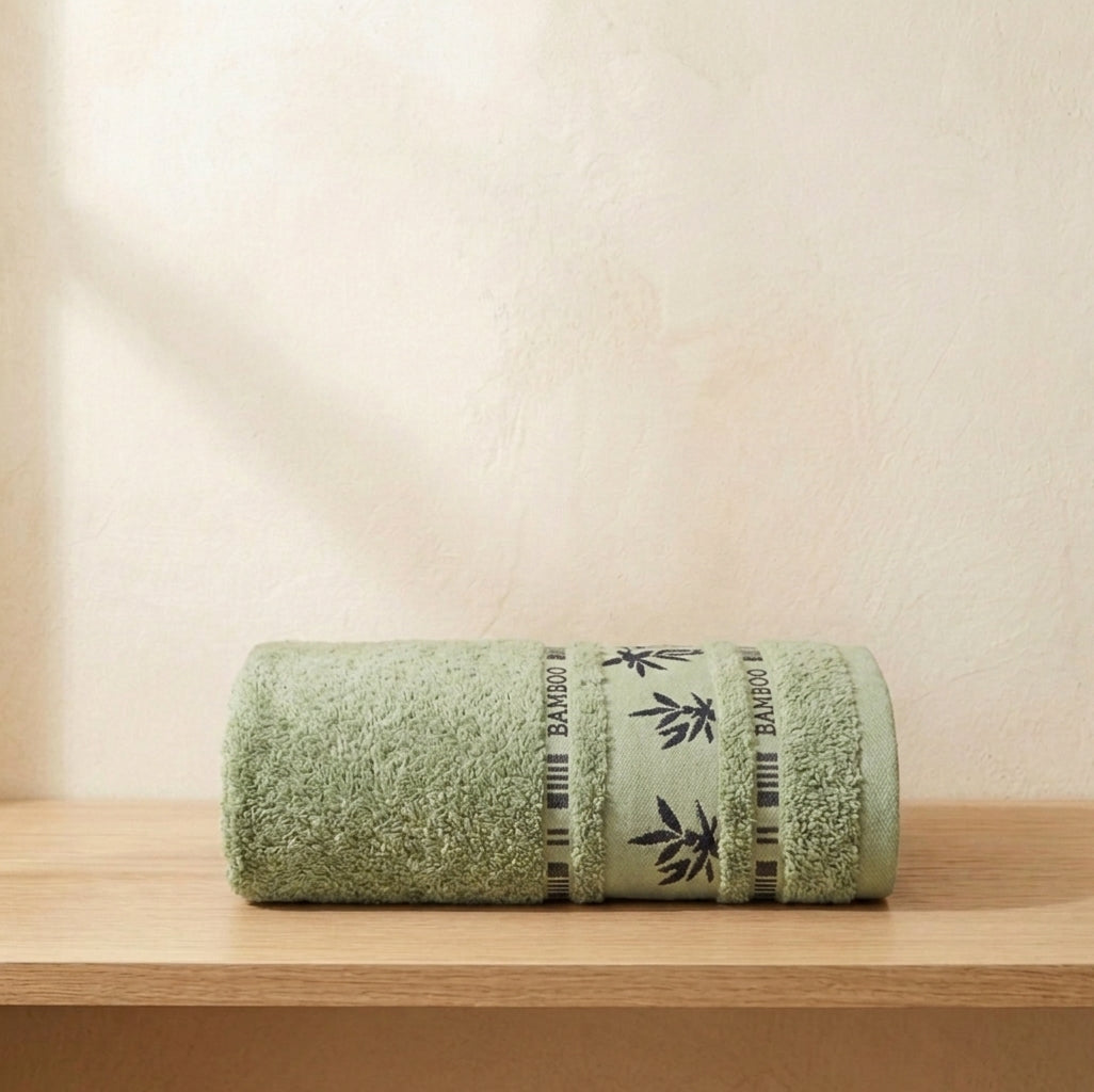 Green Bamboo Towel, Decorative Bamboo Leaf Design, Bath Towels