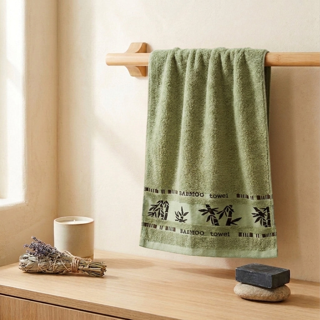 Green Bamboo Towel, Decorative Bamboo Leaf Design, Bath Towels