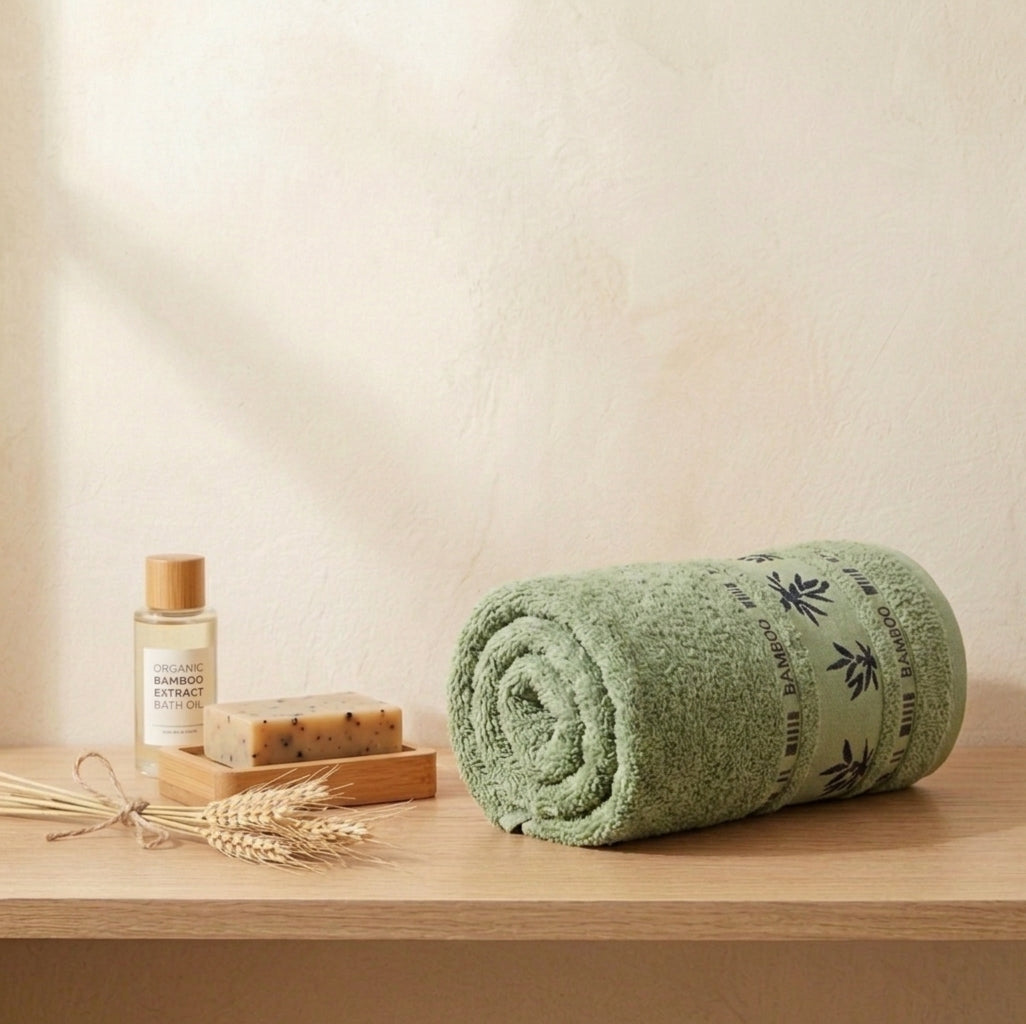 Green Bamboo Towel, Decorative Bamboo Leaf Design, Bath Towels