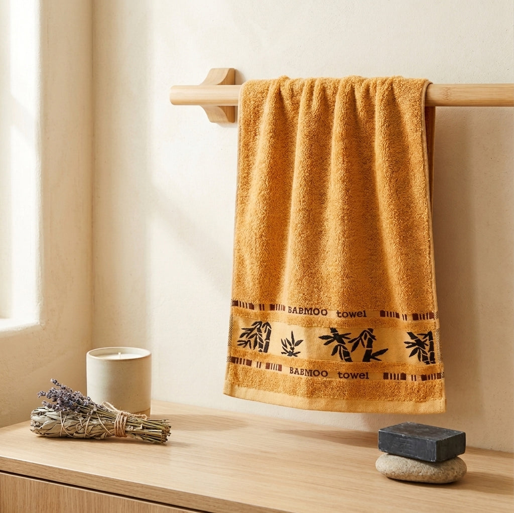 Orange Bamboo Towel, Decorative Bamboo Leaf Design, Bath Towels