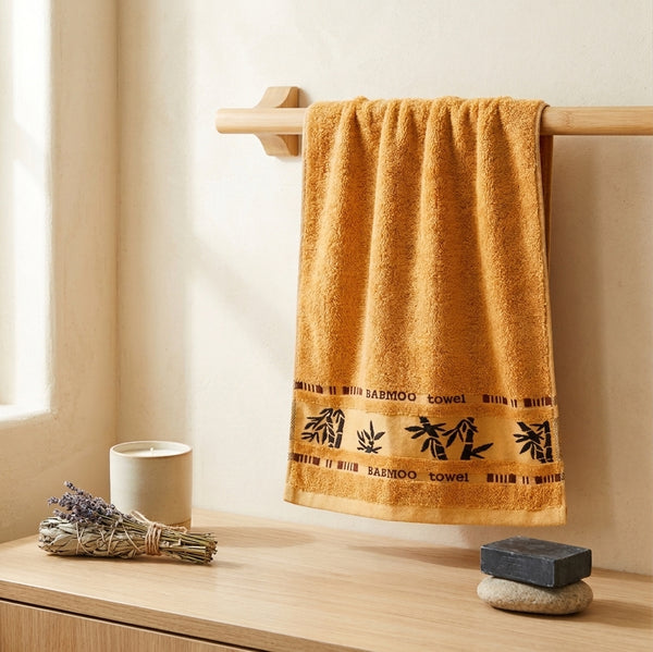 Orange Bamboo Towel, Decorative Bamboo Leaf Design, Bath Towels