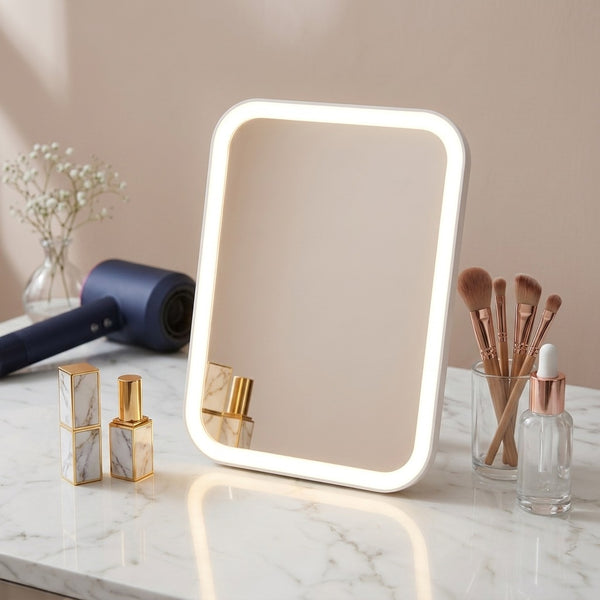 Rechargeable Makeup Mirror with Lights, 3 Color LED Dimmable Touch Light Desk Vanity Mirrors, Compact Portable Travel Cosmetic Essential as Gifts for Girl Teen Women (White)
